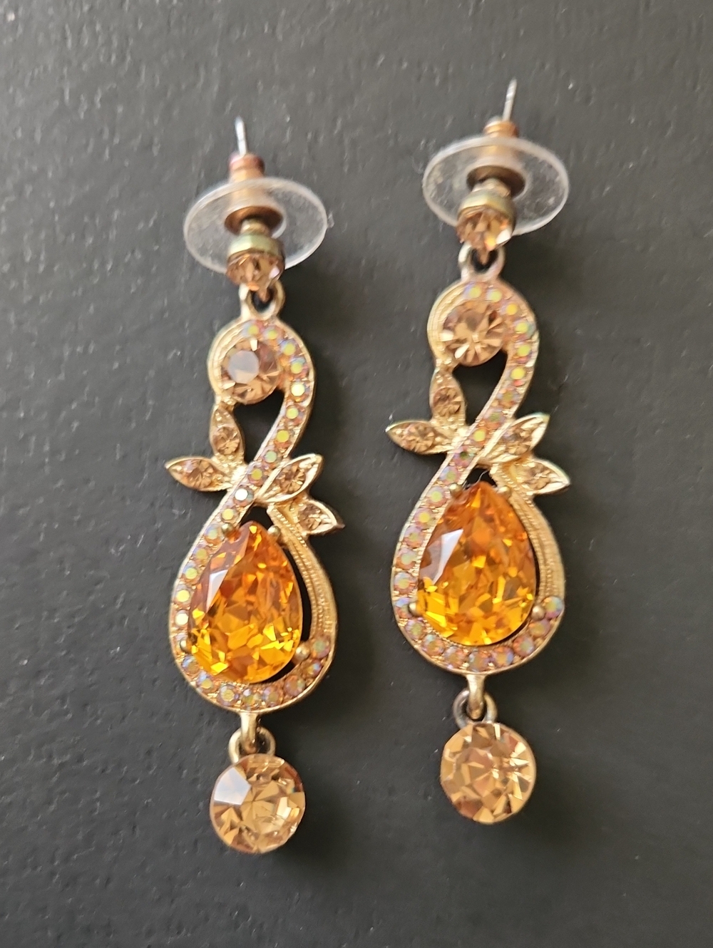 Gold-Tone Amber Teardrop Crystal Drop Stud Earrings